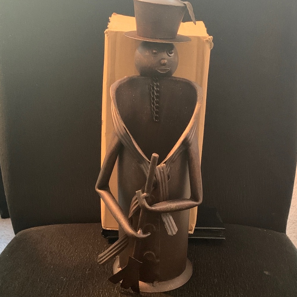 Whimsical Copper Brown Metal Snowman Wine Holder with Top Hat, Scarf and Broom